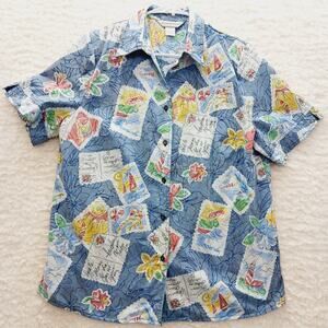 Shirt Women Button-Up Blue Postcard Floral Resort Cruise Tropical Coastal Sz 14